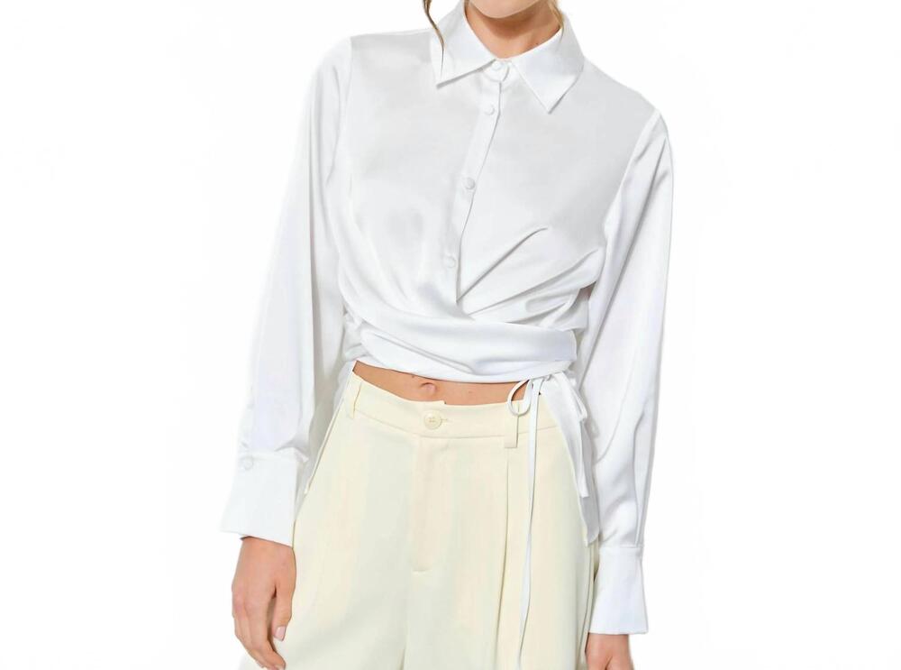NEW INA FASHION juliette long sleeve satin wrap waist blouse in white